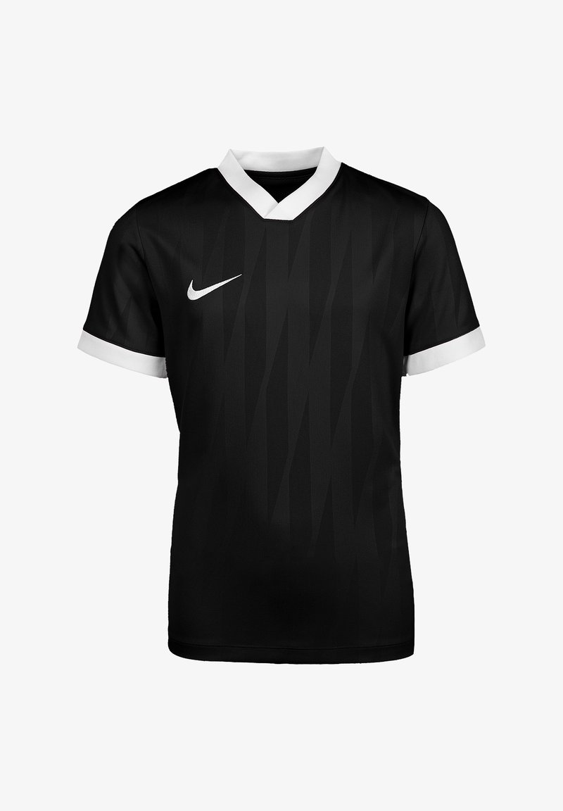 Maillot de sport noir à manches courtes avec col et poignets blancs, présentant un motif géométrique subtil et un logo Nike blanc sur la poitrine.