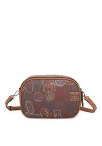 Borsa a tracolla marrone con stampe a tema viaggio in vari colori. Forma rettangolare con chiusura a zip e tracolla regolabile.