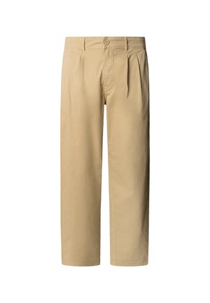 Pantalones beige con delantero plisado, cierre de botón y diseño de pierna recta. Confeccionados en un material ligero de algodón.