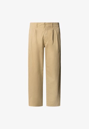 Pantalones beige con delantero plisado, cierre de botón y diseño de pierna recta. Confeccionados en un material ligero de algodón.