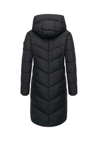 Giacca a vento nera con design a motivi a chevron, cappuccio e maniche lunghe. La texture appare imbottita, offrendo calore e copertura.