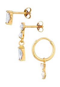 Guldtonade örhängen med klara geometriskt skurna kristaller. Designen inkluderar stick- och hoopstilar med en slät, modern finish.