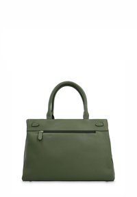 Sac à main en cuir vert avec surface texturée, deux poignées supérieures et une poche avant zippée. Présente un design structuré et une forme rectangulaire.