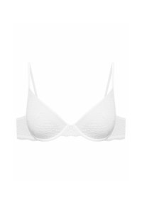White bra with a textured lace design, thin adjustable straps, and a smooth underband. Offers a minimalist triangle shape with no padding.