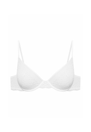 White bra with a textured lace design, thin adjustable straps, and a smooth underband. Offers a minimalist triangle shape with no padding.