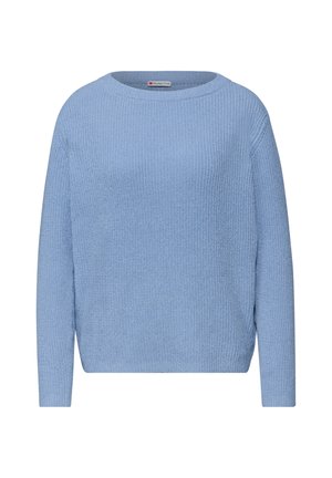 Hellblauer gestrickter Pullover mit rundem Ausschnitt, langen Ärmeln und lässiger Passform. Verfügt über ein strukturiertes Muster und eine weiche, gemütliche Optik.