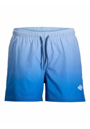 Zwemshort met licht- tot donkerblauwe verloopkleuren, elastische tailleband, trekkoord en klein wit logo aan de voorkant van het rechteronderbeen.