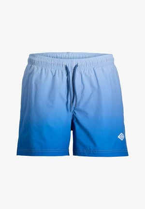 Világos-kék és sötétkék átmenetes úszónadrág elasztikus derékrésszel, húzózsinórral és kis fehér logóval az első jobb alsó lábrészen.