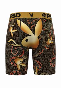 Boxer neri con fascia in vita con logo Playboy dorato, caratterizzati da un motivo ripetuto di conigli dorati e accenti rossi su onde nere.