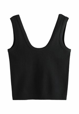 Črno rebrasto majico brez rokavov odlikuje širok okrogli izrez in široki naramnice. Tkanina je teksturirana, kar zagotavlja tesen oprijem. Dodatni detajli niso prisotni.