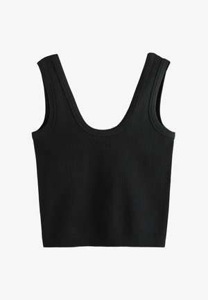Čierna rebrovaná tielko s širokým kruhovým výstrihom a hrubými ramienkami. Textúra látky zaručuje tesný strih. Neobsahuje žiadne ďalšie detaily.