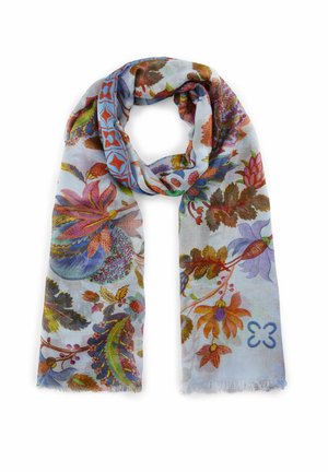 Lightweight, semi-transparent scarf in blue featuring a colorful floral pattern with pink, orange, and green accents; fringed edges.