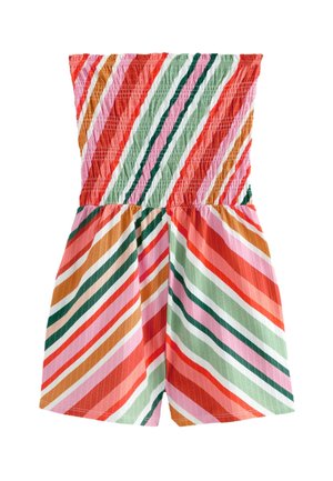 Trägerloser Romper mit gerafftem Oberteil und weitem Shorts, mit diagonalen Streifen in Pink-, Orange-, Grün-, Weiß- und Rottönen.