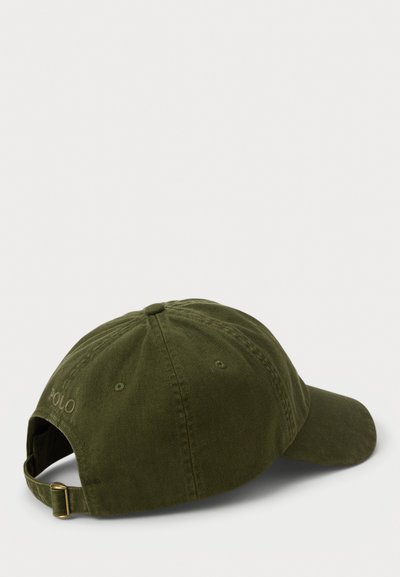 Olive green cotton baseball cap with a curved brim, adjustable strap at the back, and embroidered "POLO" logo on the side.
