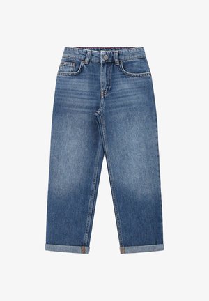 Jean en denim bleu clair avec une coupe droite, cinq poches et des revers aux ourlets. Texture douce avec une finition légèrement délavée.