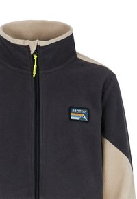 Fleece jack met ritssluiting, hoge kraag, donkergrijze body, beige accenten op de schouders en een rechthoekig logo-opdruk.