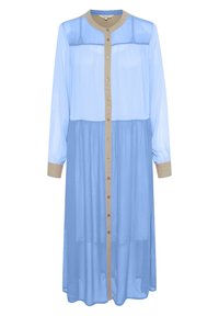 Vestito blu con maniche lunghe, parte superiore trasparente, parte inferiore blu uniforme, chiusura frontale con bottoni, colletto e polsini beige, tessuto morbido, vestibilità comoda.