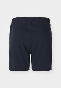 Navy blue shorts made of smooth fabric, featuring an elastic waistband, two side pockets, and a back pocket on the right side.