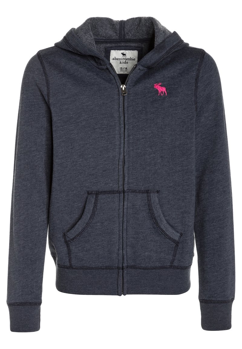 Donkergrijze kinder-ritshoodie met voorzakken, een capuchon en een klein roos moose-logo op de borst.