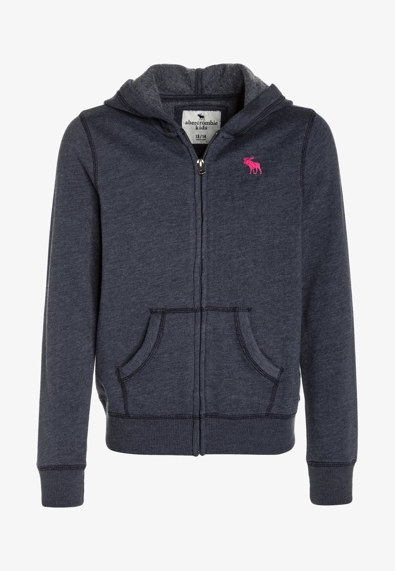 Donkergrijze kinder-ritshoodie met voorzakken, een capuchon en een klein roos moose-logo op de borst.