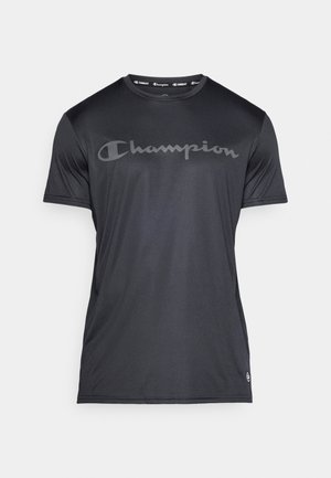 Camiseta deportiva negra hecha de material suave y ligero, con un gran logotipo gris de "Champion" en el pecho. Mangas cortas y cuello redondo.