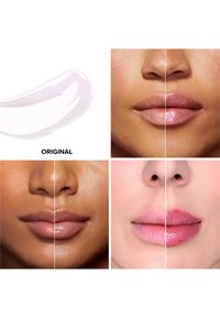 Lippengloss auf unterschiedlichen Hauttönen aufgetragen, die unterschiedliche Farbtöne und Finishes zeigen; zwei Lippenpaare: eines in Nude und eines glänzend.