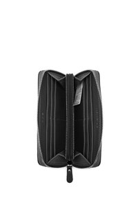 Black leather zip wallet with contrasting white stitching, multiple card slots, and a central zippered compartment for coins.