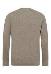 Beige ribbet striktrøje med lange ærmer, rund hals og tekstureret stof. Har en tætsiddende bund og ærmer, som fremviser et enkelt design.