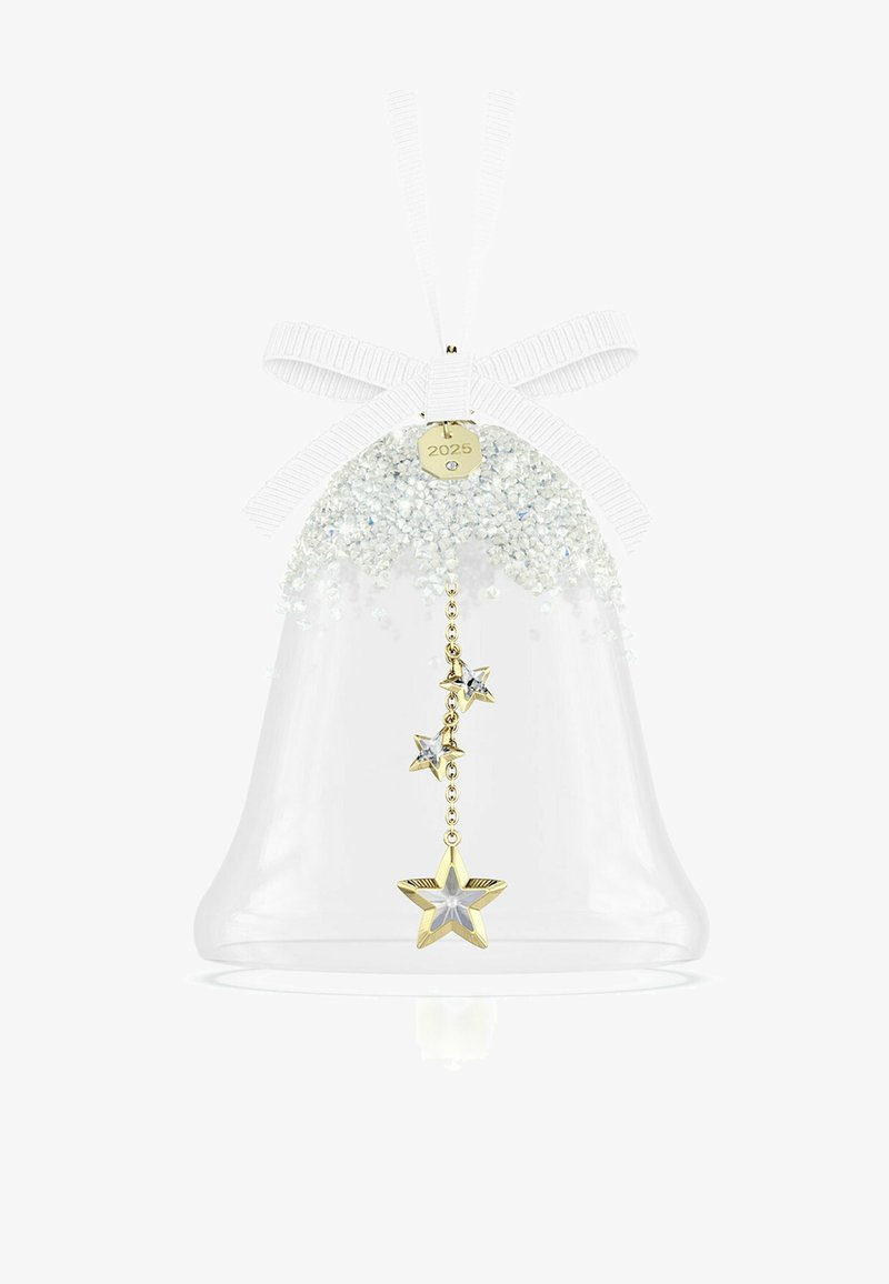Adorno en forma de campana de cristal transparente con purpurina plateada en la parte superior, un lazo de cinta blanca y tres estrellas colgantes en tonos dorados y plateados, etiquetado "2025."