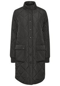 Abrigo largo negro acolchado con cuello alto, botones a presión, dos bolsillos delanteros y puños acanalados. Material suave y ligero.