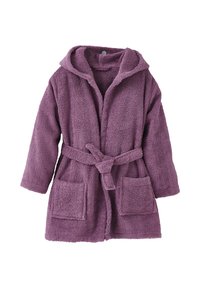 Purple, textured, hooded bathrobe with a waist tie, long sleeves, and two front pockets. Soft material with a plush finish.
