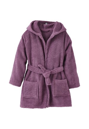Lila, texturierte Kapuzen-Bademantel mit Taillenbund, langen Ärmeln und zwei vorderen Taschen. Weiches Material mit einem flauschigen Finish.