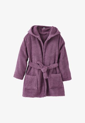 Purple, textured, hooded bathrobe with a waist tie, long sleeves, and two front pockets. Soft material with a plush finish.
