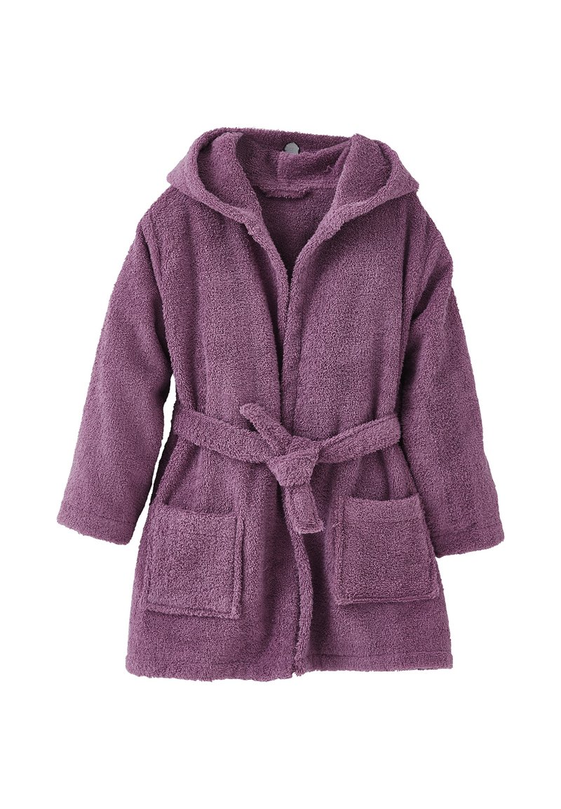 Purple, textured, hooded bathrobe with a waist tie, long sleeves, and two front pockets. Soft material with a plush finish.