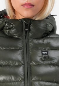 Chaqueta acolchada de color verde oliva con acabado brillante, que presenta un cuello alto, cierre frontal con cremallera y una etiqueta con el logo en el pecho izquierdo.