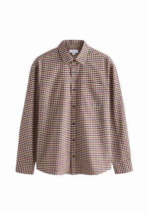 Langärmliges Button-Up-Hemd mit kariertem Muster in Beige, Braun, Grün und Lila, mit einem Kragen und einer linken Brusttasche.
