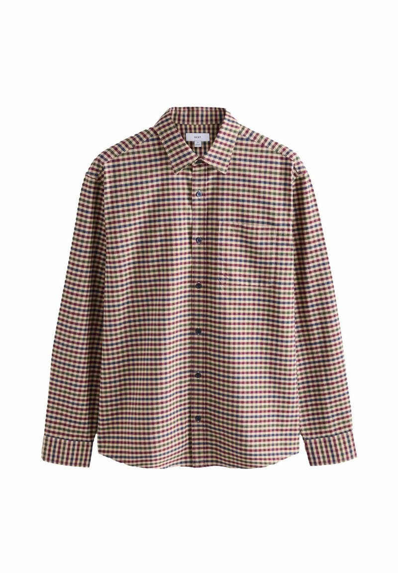 Long-sleeve button-up shirt with a checked pattern in beige, brown, green, and purple, featuring a collar and a left chest pocket.