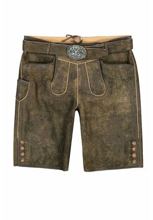 Braune Leder-Shorts mit dekorativer Steppnaht, fünf Taschen und einer silbernen Schnalle. Verfügt über Knöpfe am Saum und eine strukturierte Oberfläche.