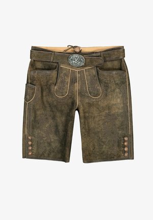 Braune Leder-Shorts mit dekorativer Steppnaht, fünf Taschen und einer silbernen Schnalle. Verfügt über Knöpfe am Saum und eine strukturierte Oberfläche.