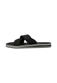 Zwarte flip-flop met kruisbanden, voorzien van een getextureerde bovenkant en een gladde zool. Grijze accent op de onderrand, met een gegroefde outsole voor grip.