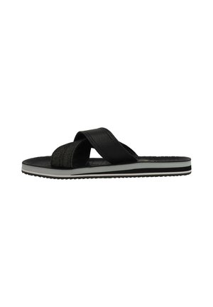 Tongs noires avec des brides croisées, présentant un dessus texturé et une semelle lisse. Accent gris sur le bord inférieur, avec une semelle extérieure rainurée pour une meilleure adhérence.