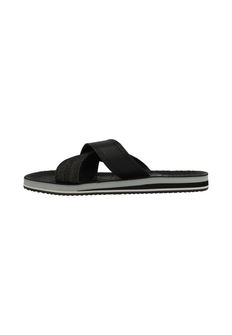 Zwarte flip-flop met kruisbanden, voorzien van een getextureerde bovenkant en een gladde zool. Grijze accent op de onderrand, met een gegroefde outsole voor grip.