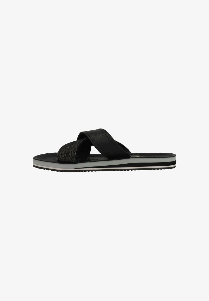 Black flip-flop with cross straps, featuring a textured upper and smooth sole. Grey accent on the bottom edge, with a grooved outsole for grip.