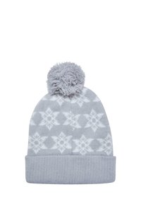 Hallide halli kudumine beanie pehme pom-pomiga, millel on valge lumehelves muster ja ribitud äär alusena. Pehme tekstuur.