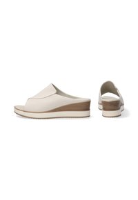 Beige leather wedge sandals with a rounded toe, open heel, and subtle wood accent on the heel. Smooth texture and minimalist design.