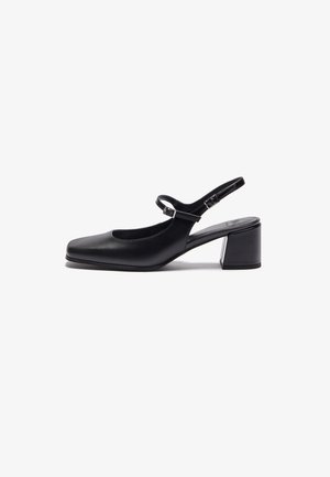 Black leather slingback shoe with a square toe, adjustable strap, and chunky heel. Smooth texture with a minimalist design.
