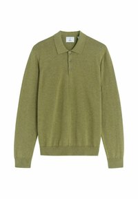 Oliivinvihreä, pitkähihainen polo-paita, jossa on kauluskurt, kolme nappia napituksessa sekä ribbineulekuvioiset hihansuut ja helma. Pehmeä kangas.