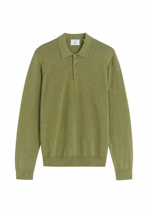 Olivgrünes, langärmliges Polohemd mit Kragen, drei Knöpfen an der Knopfleiste und gerippten Bündchen und Saum. Weicher Stoff.