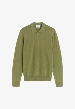 Olijfgroene polo met lange mouwen, een kraaghals, drie knopen op de sluiting en ribgebreide manchetten en zoom. Zachte stofstructuur.