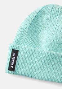 Gorro de malha verde menta com textura canelada. Apresenta uma etiqueta retangular preta com a marca "TERREX" em branco.